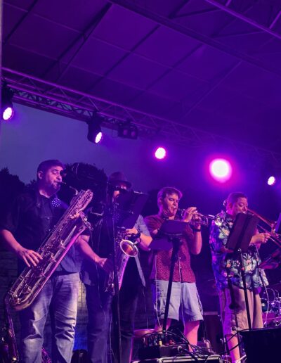 A saxophone and trumpet section playing under purple stage lights